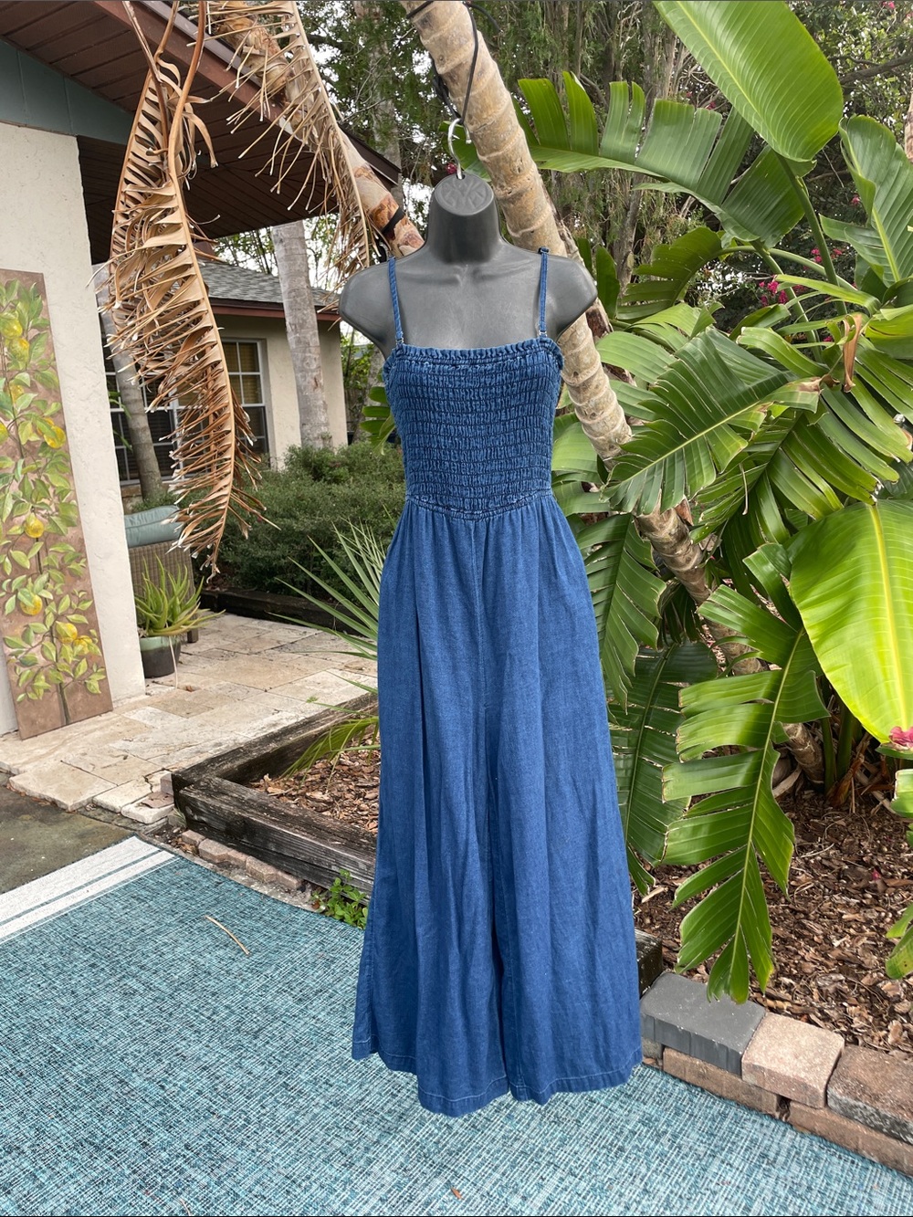 Convertible strap or strapless wide leg denim jumpsuit